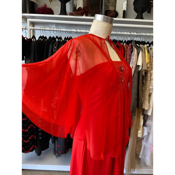 vintage 1970s red maxi dress with rhinestones and chiffon cape, s/m, mod holiday - Picture 4 of 10